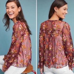 Anthropologie Feather Bone Giralda Blouse maroon sheer floral embroidered